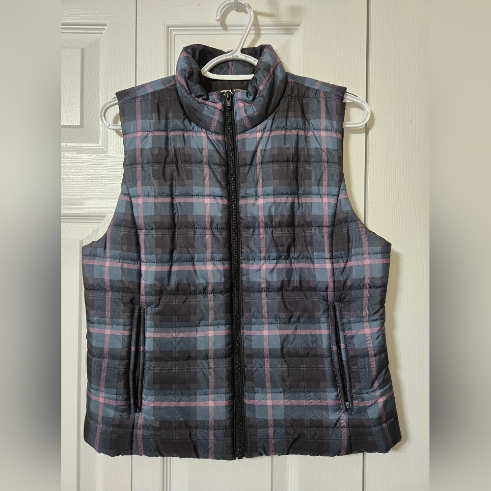 Pink, Teal Blue & Black Plaid Insulated Zip Up Puffer Vest w/Pockets, Medium
